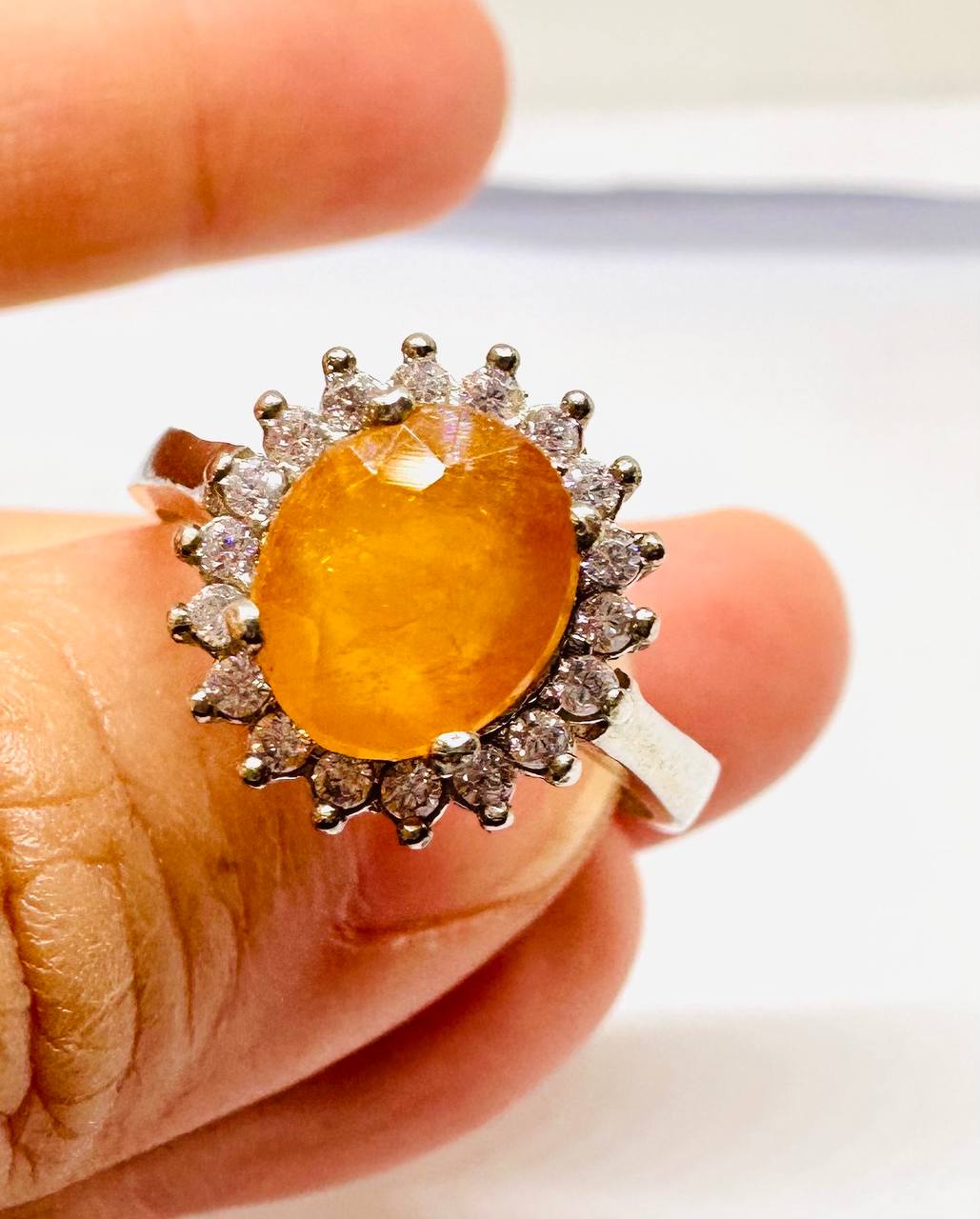 925 Sterling Silver (Stamped), White Gold Plated Natural Yellow Sapphire Ring with Swiss Diamonds — Handcrafted 2