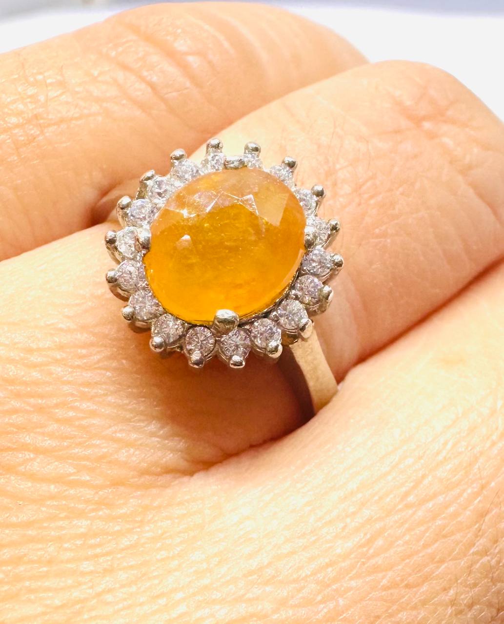 925 Sterling Silver (Stamped), White Gold Plated Natural Yellow Sapphire Ring with Swiss Diamonds — Handcrafted 3