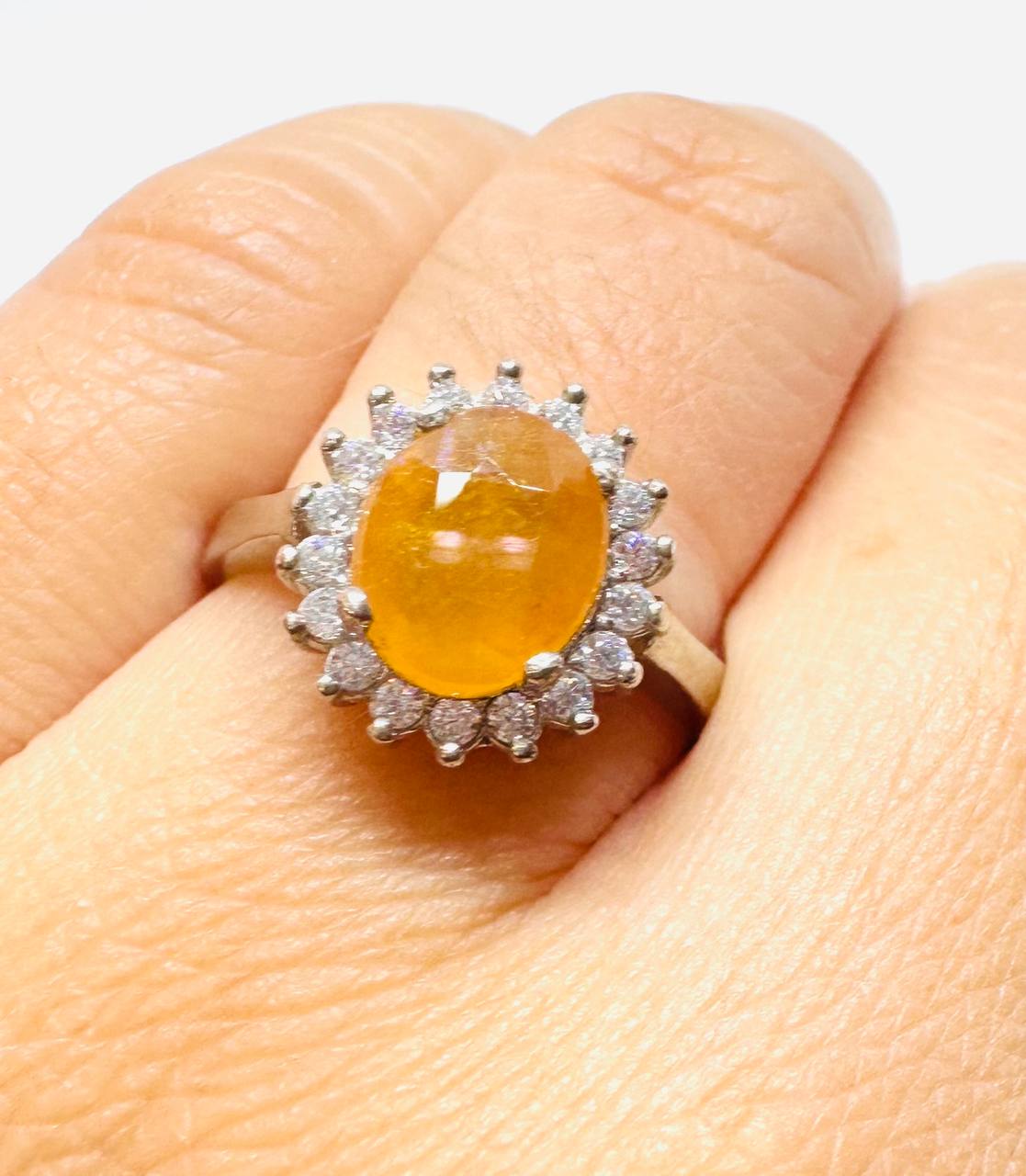 925 Sterling Silver (Stamped), White Gold Plated Natural Yellow Sapphire Ring with Swiss Diamonds — Handcrafted 4