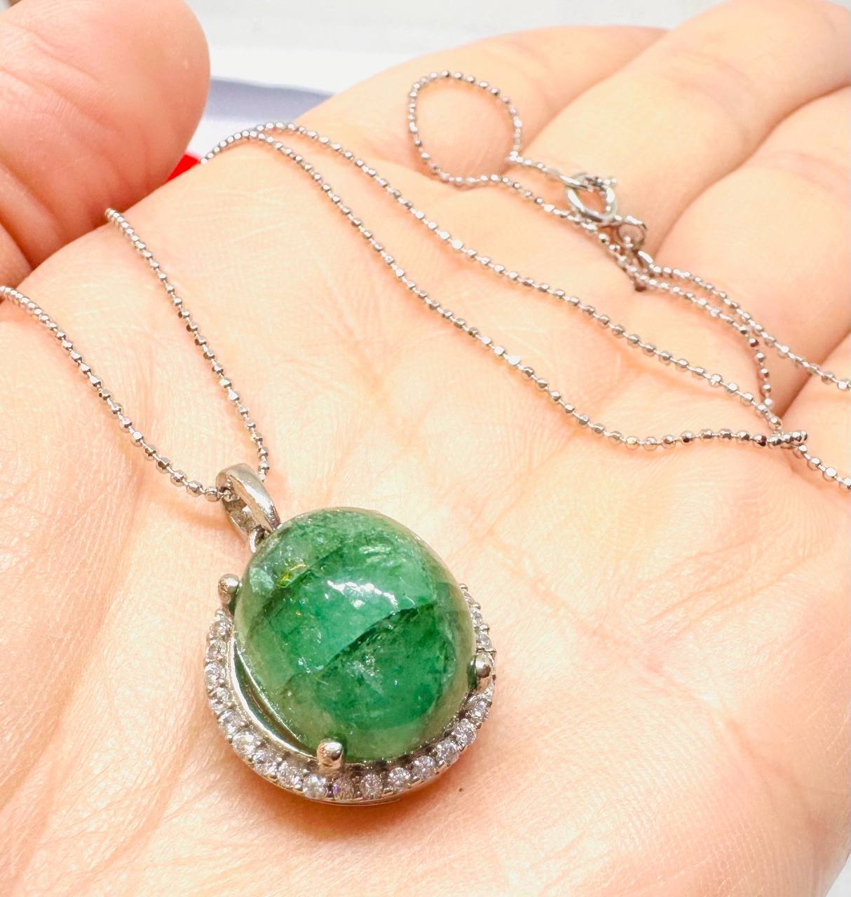 925 Sterling Silver (Italian Chain) Natural Zambian Emerald (Cabochon) Necklace with Swiss Diamonds — Handcrafted 3