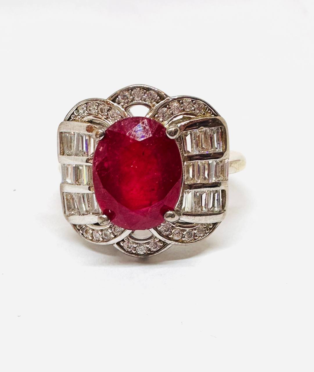925 Sterling Silver Natural Faceted Ruby Ring with Swiss Diamonds — Handcrafted