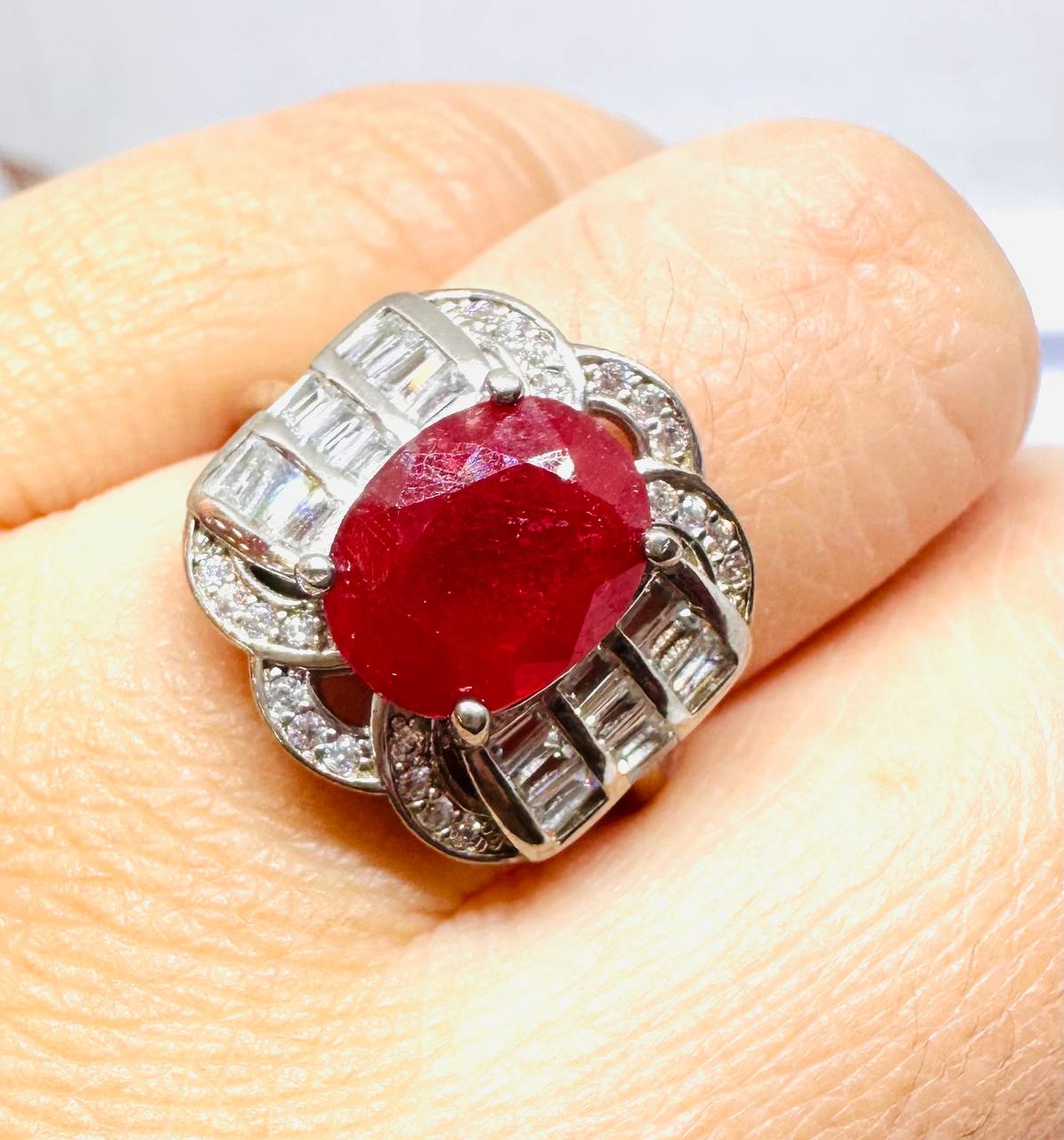 925 Sterling Silver Natural Faceted Ruby Ring with Swiss Diamonds — Handcrafted 4