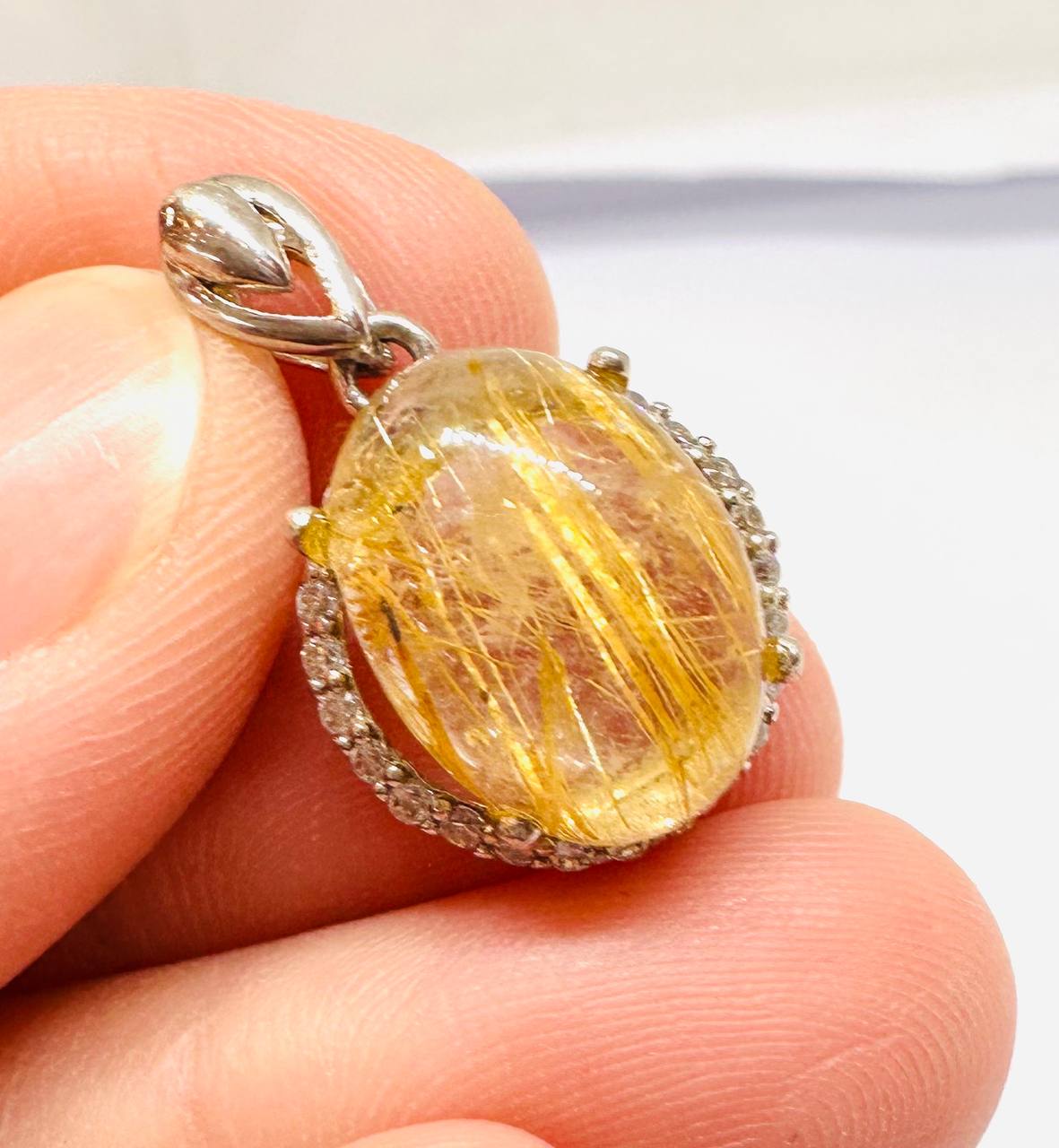 925 Sterling Silver, White Gold Plated Gold Filigree Pendant with Swiss Diamonds — Handcrafted 2