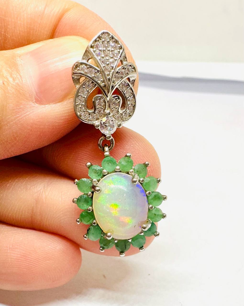 925 Sterling Silver, White Gold Plated Natural Opal Pendant with Zambian Emerald & Swiss Diamonds — Handcrafted