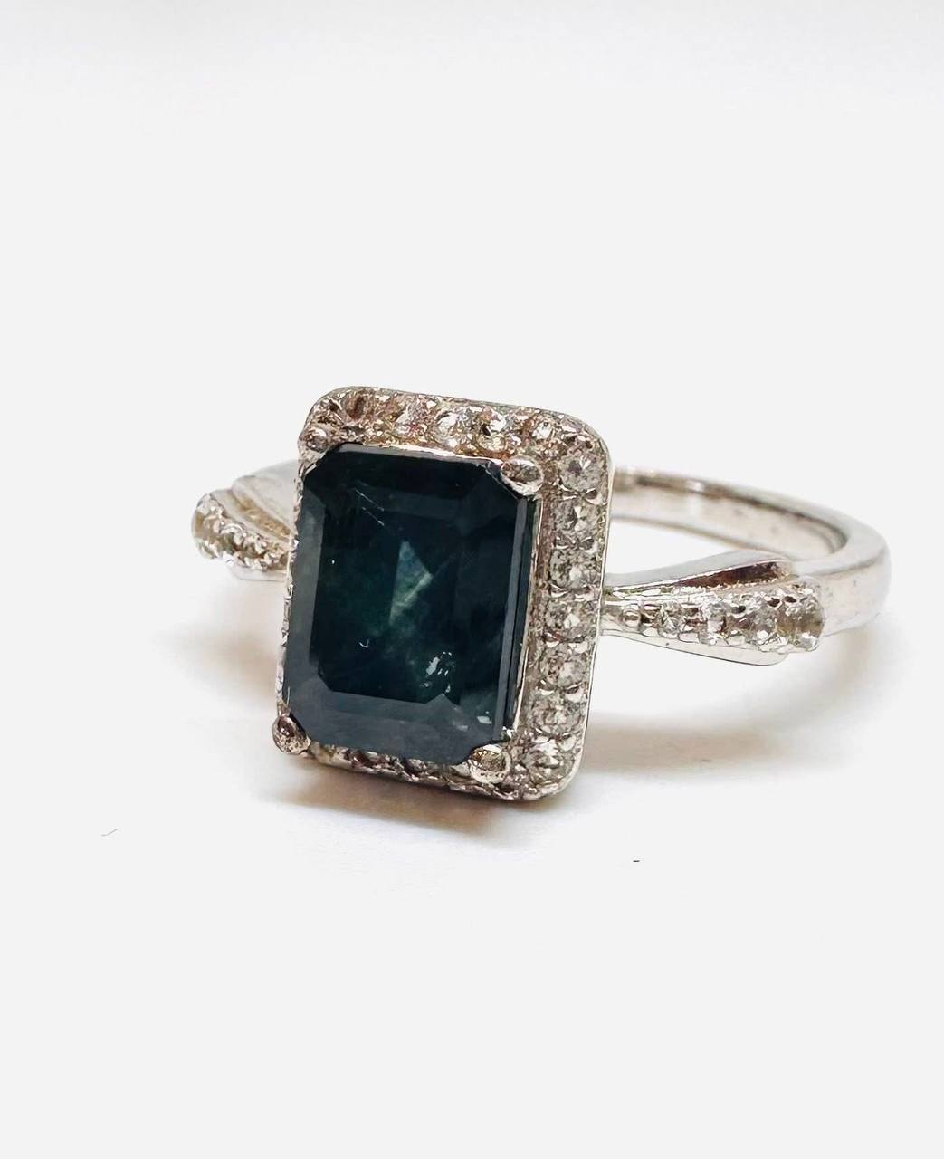 925 Sterling Silver, White Gold Plated Natural Sapphire Ring with Swiss Diamonds — Handcrafted