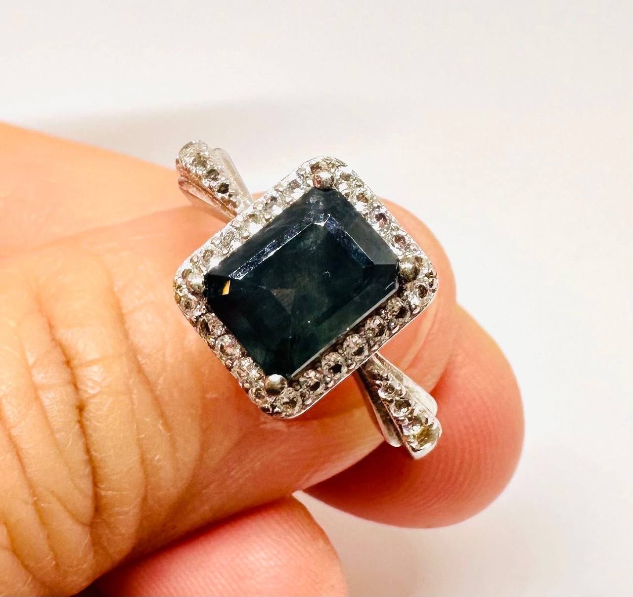 925 Sterling Silver, White Gold Plated Natural Sapphire Ring with Swiss Diamonds — Handcrafted 2