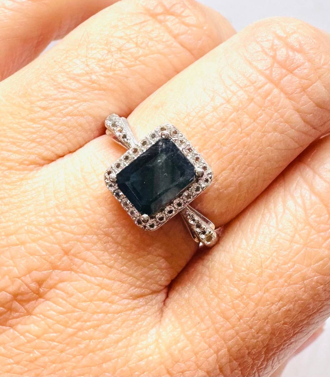 925 Sterling Silver, White Gold Plated Natural Sapphire Ring with Swiss Diamonds — Handcrafted 3