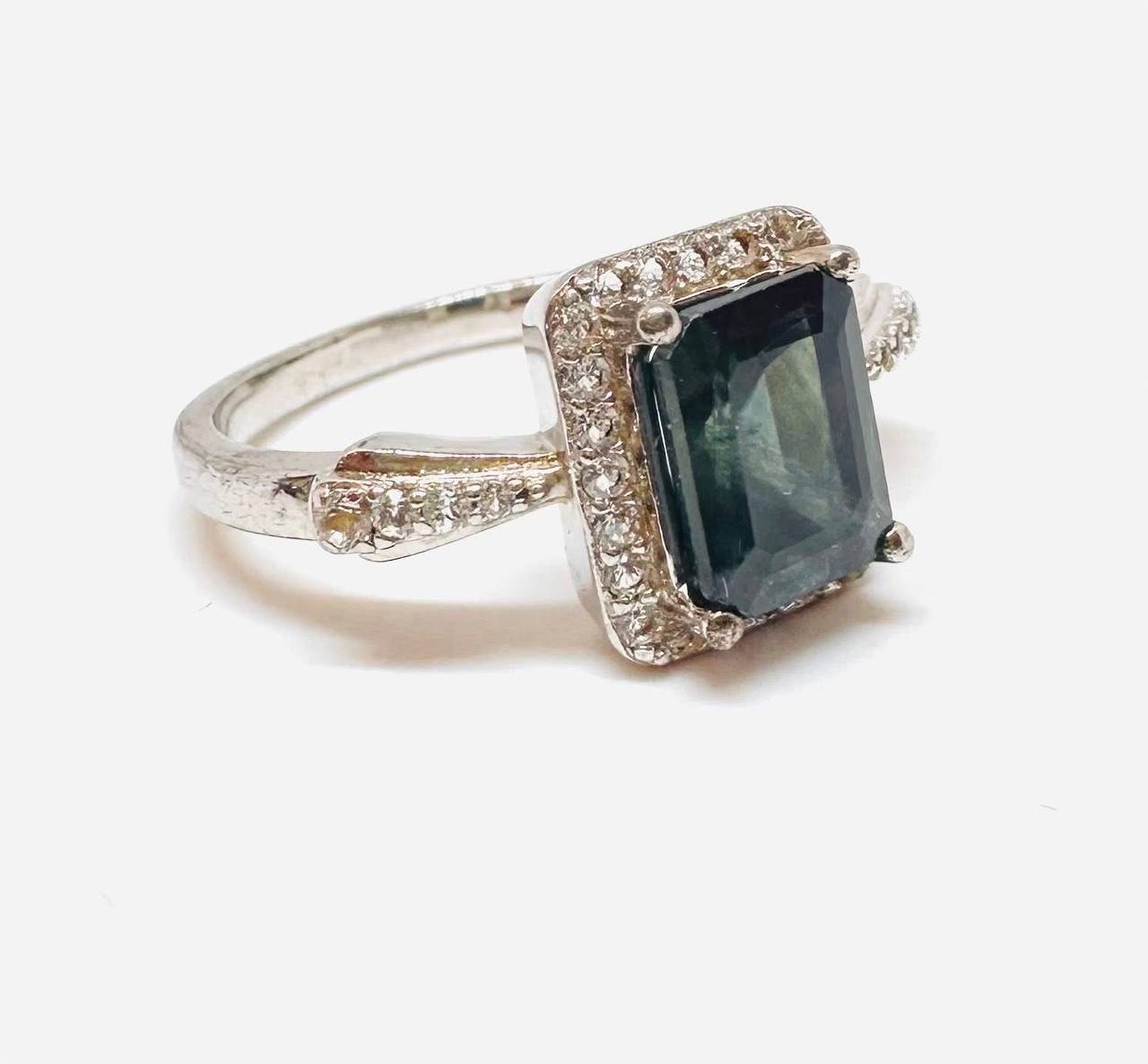 925 Sterling Silver, White Gold Plated Natural Sapphire Ring with Swiss Diamonds — Handcrafted 4