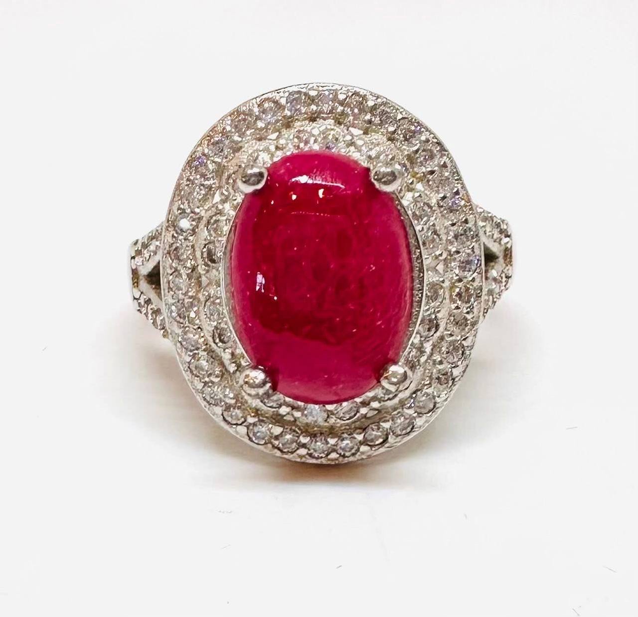 925 Sterling Silver, White Gold Plated Natural Ruby Ring with Swiss Diamonds — Handcrafted