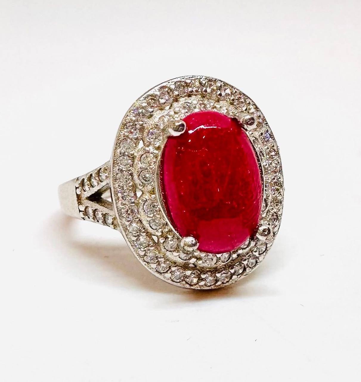 925 Sterling Silver, White Gold Plated Natural Ruby Ring with Swiss Diamonds — Handcrafted 2
