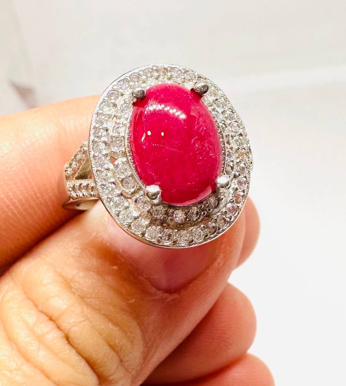 925 Sterling Silver, White Gold Plated Natural Ruby Ring with Swiss Diamonds — Handcrafted 3