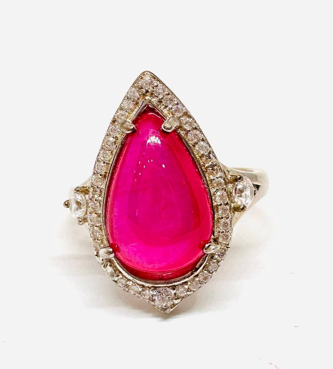 925 Sterling Silver, White Gold Plated Natural Teardrop Ruby Ring with Swiss Diamonds — Handcrafted