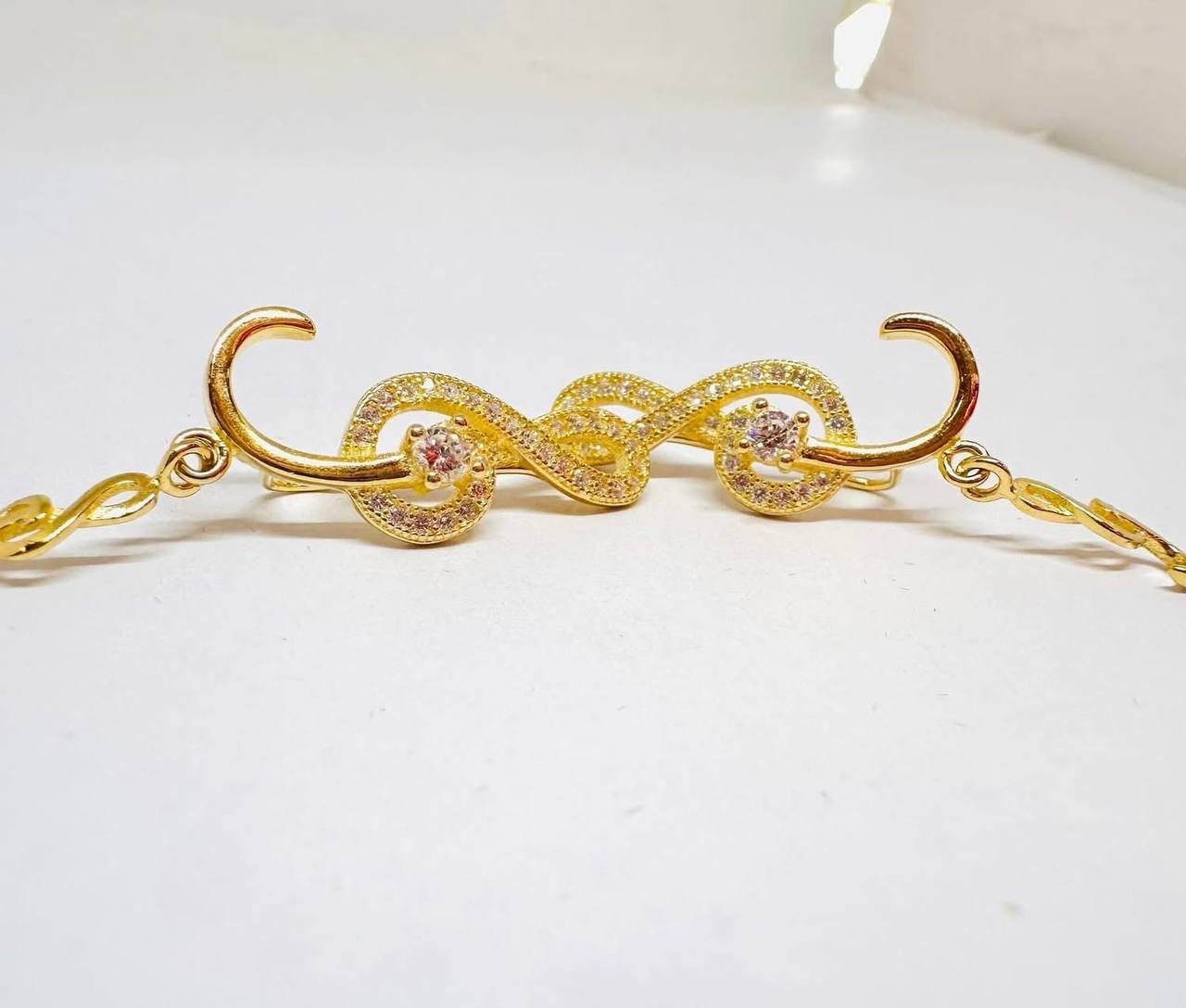 925 Sterling Silver (Stamped), Gold Plated Cubic Zirconia Treble Clef Stud Earrings — Handcrafted