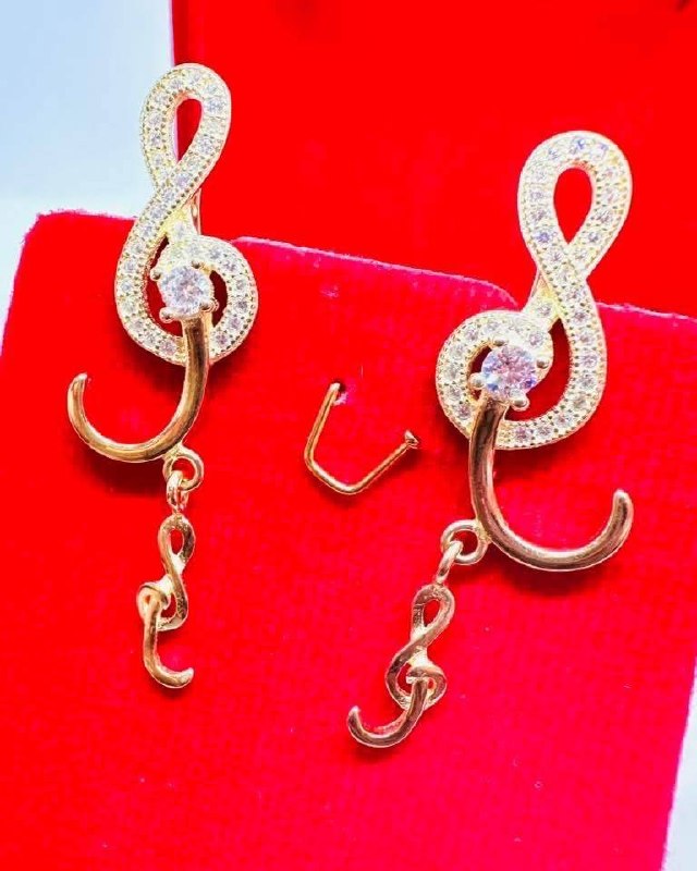 925 Sterling Silver (Stamped), Gold Plated Cubic Zirconia Treble Clef Stud Earrings — Handcrafted 4