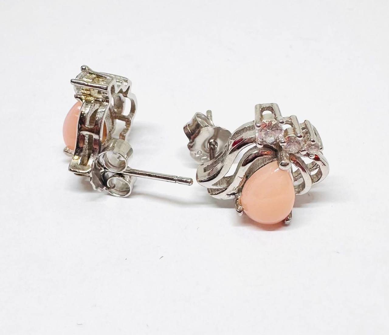925 Sterling Silver, White Gold Plated Natural Pink Opal Stud Earrings with Swiss Diamonds — Handcrafted 2