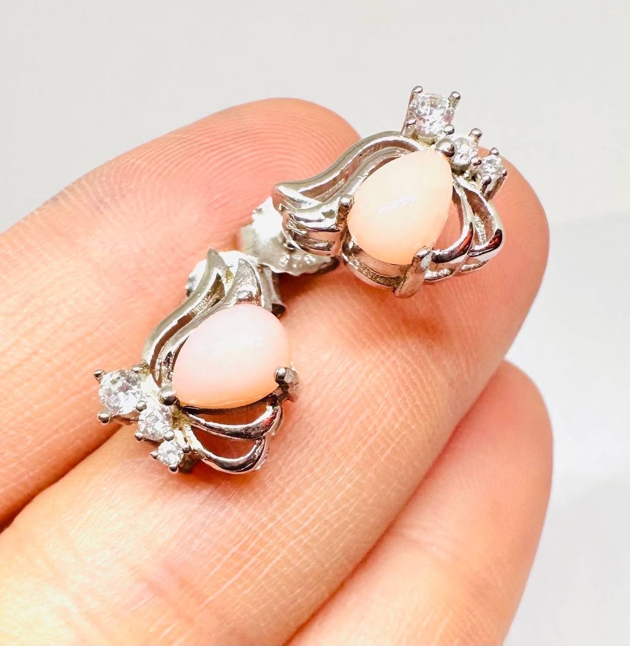 925 Sterling Silver, White Gold Plated Natural Pink Opal Stud Earrings with Swiss Diamonds — Handcrafted 3