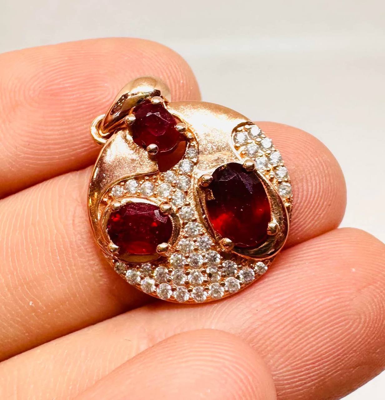 925 Sterling Silver, Rose Gold Plated Natural Ruby Pendant with Swiss Diamonds — Handcrafted 2