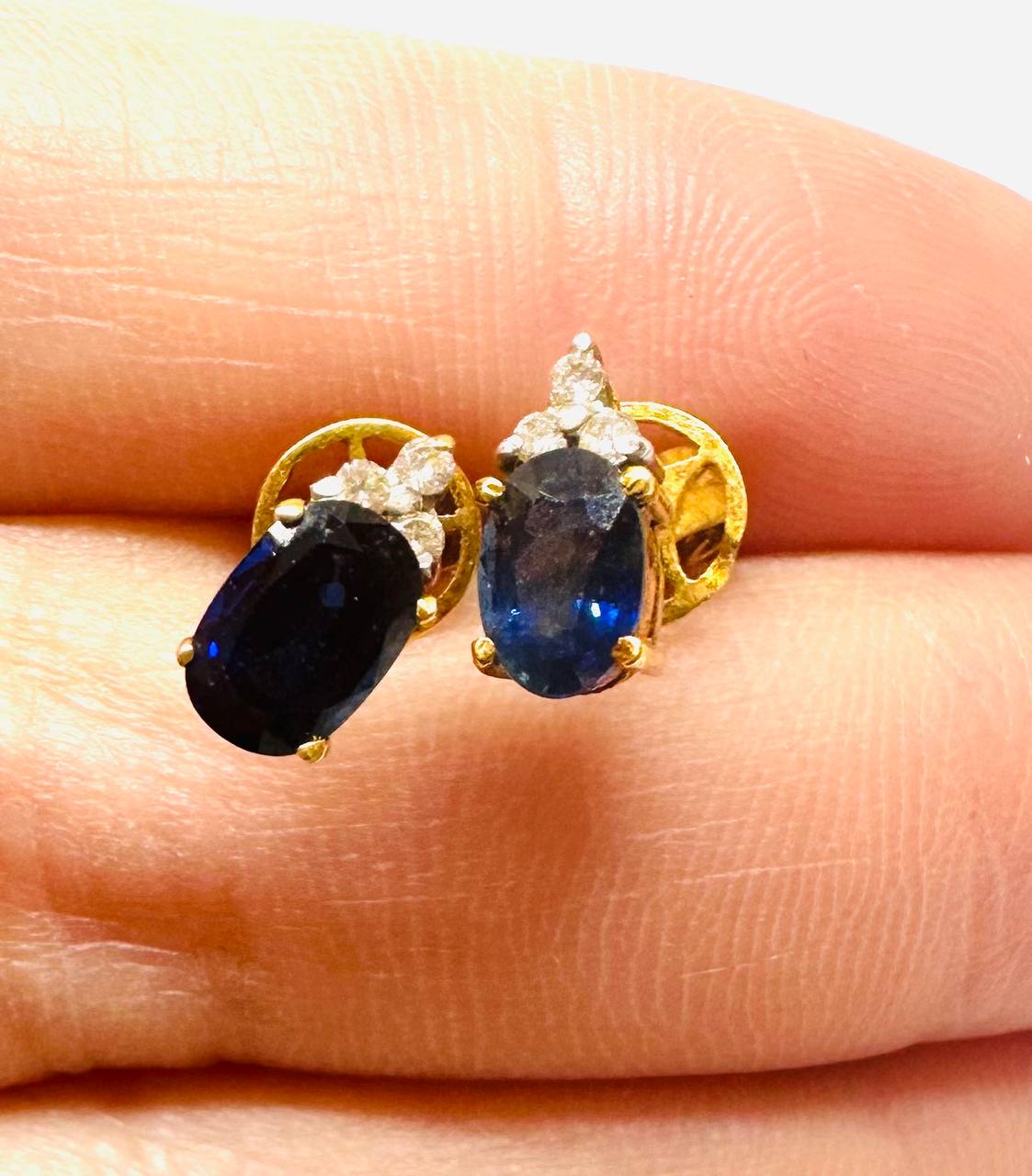 90% Gold (22K) Natural Sapphire Stud Earrings with Natural Diamonds — Handcrafted 4
