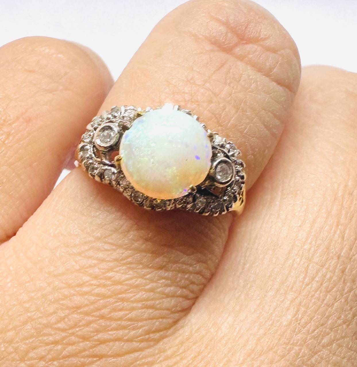 9K Gold Natural Opal Ring with Natural Diamonds — Handcrafted
