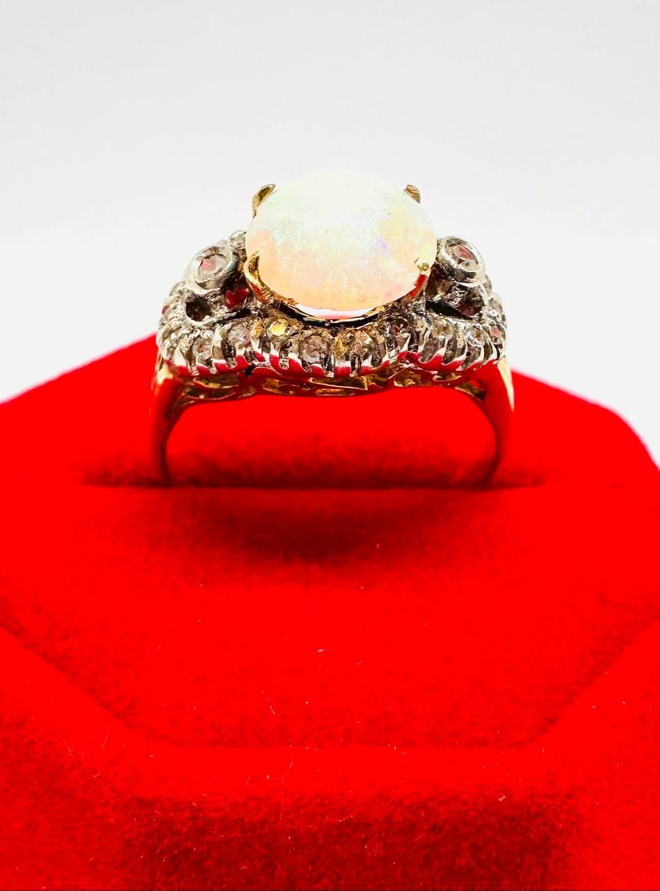 9K Gold Natural Opal Ring with Natural Diamonds — Handcrafted 3