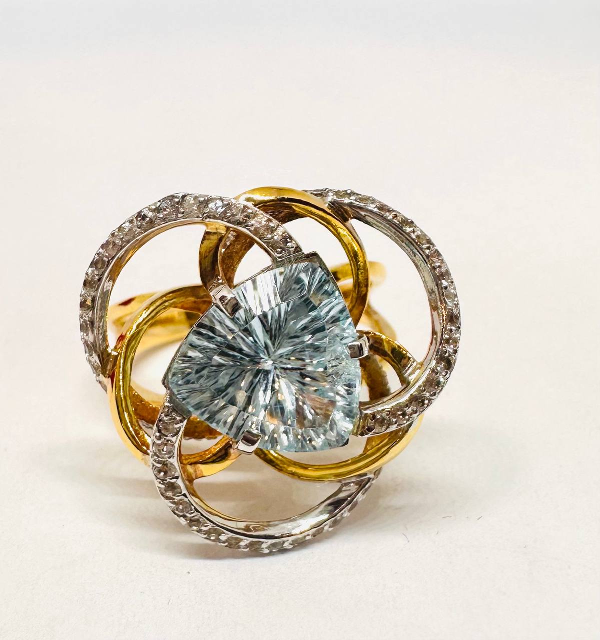 14K White Gold Natural Blue Topaz Raised Setting Ring with Natural Diamonds — Handcrafted