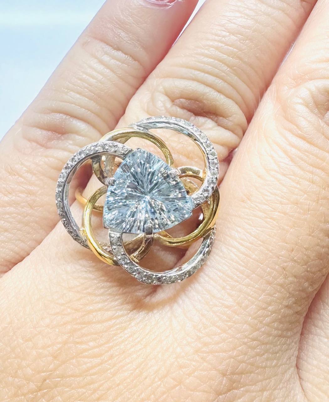 14K White Gold Natural Blue Topaz Raised Setting Ring with Natural Diamonds — Handcrafted 2