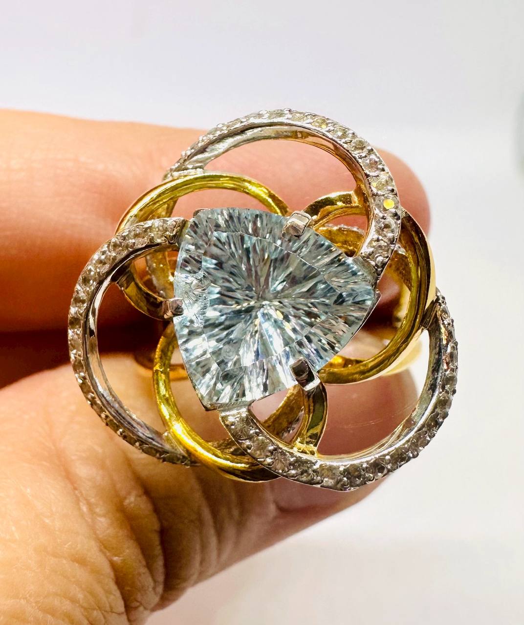 14K White Gold Natural Blue Topaz Raised Setting Ring with Natural Diamonds — Handcrafted 3