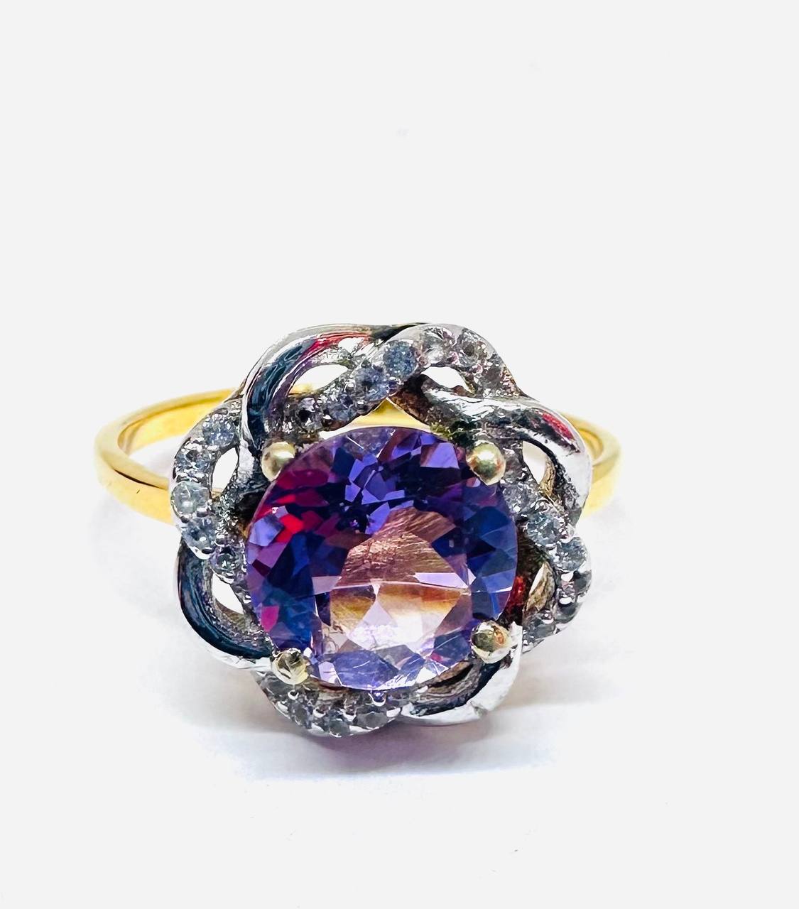 9K Gold Natural Amethyst Ring with Swiss Diamonds — Handcrafted