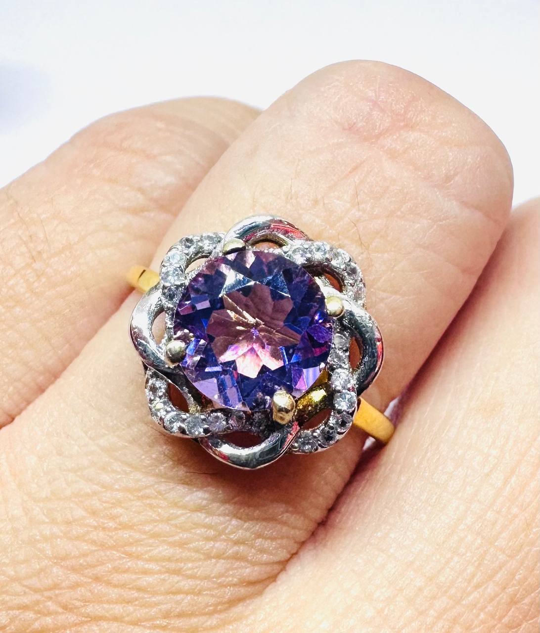 9K Gold Natural Amethyst Ring with Swiss Diamonds — Handcrafted 2