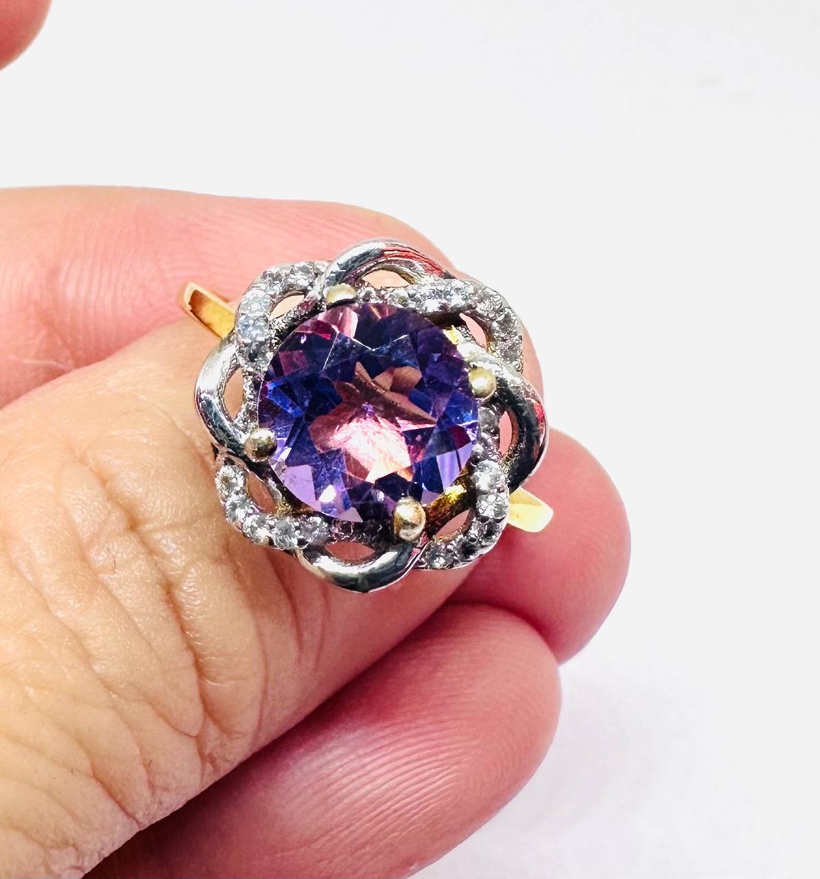 9K Gold Natural Amethyst Ring with Swiss Diamonds — Handcrafted 3