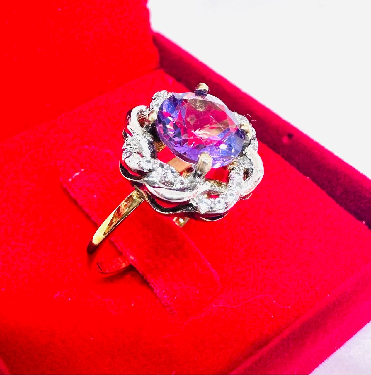 9K Gold Natural Amethyst Ring with Swiss Diamonds — Handcrafted 4