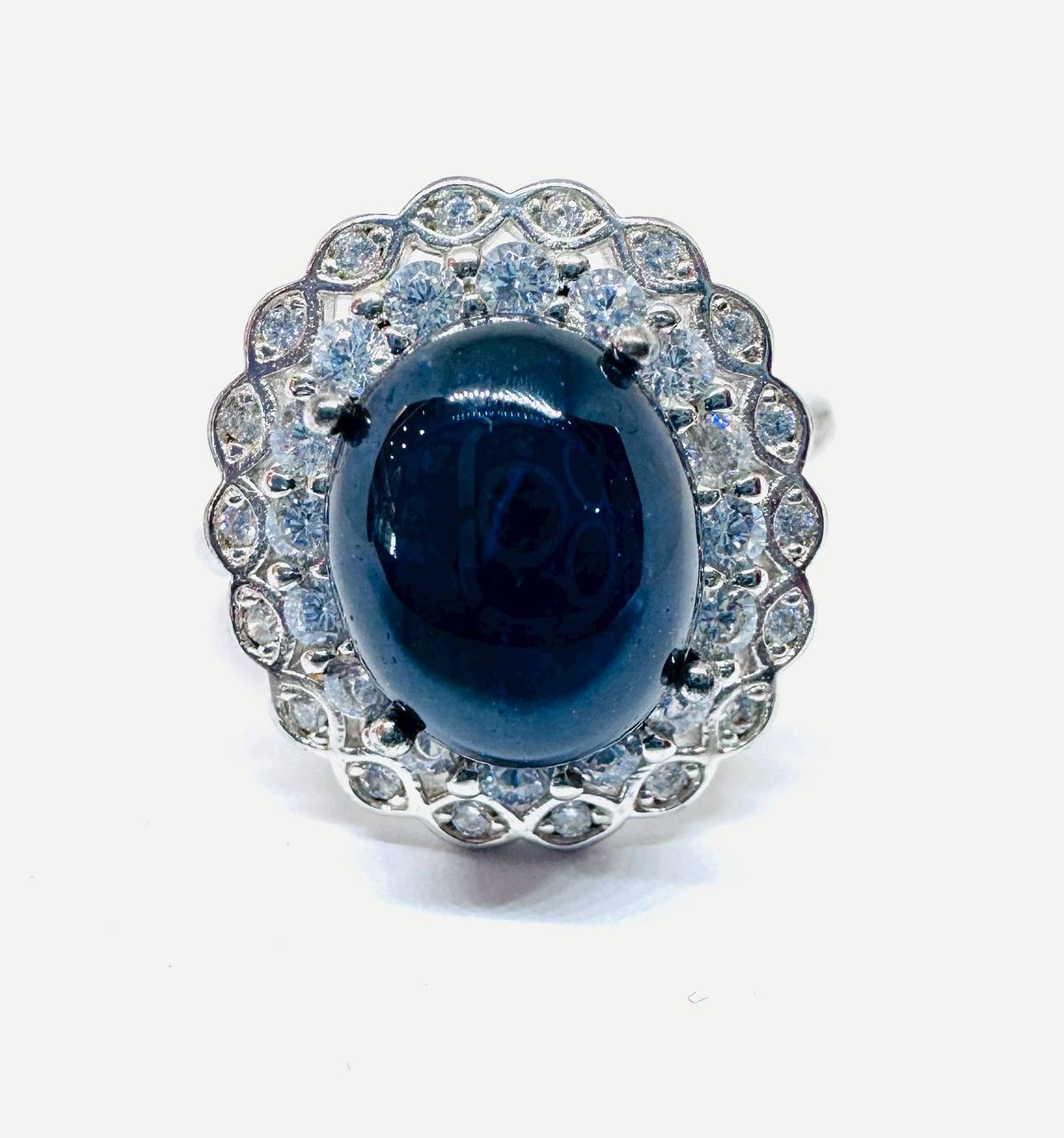 925 Sterling Silver, White Gold Plated Natural Cabochon Sapphire Ring with Swiss Diamonds — Handcrafted