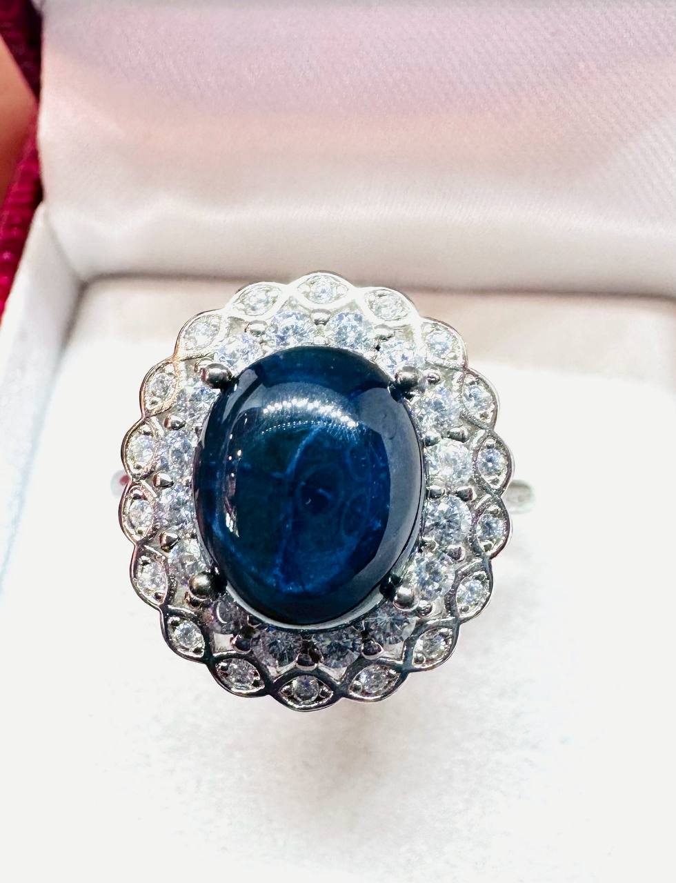925 Sterling Silver, White Gold Plated Natural Cabochon Sapphire Ring with Swiss Diamonds — Handcrafted 2