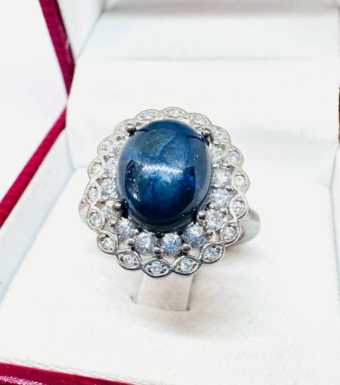 925 Sterling Silver, White Gold Plated Natural Cabochon Sapphire Ring with Swiss Diamonds — Handcrafted 3
