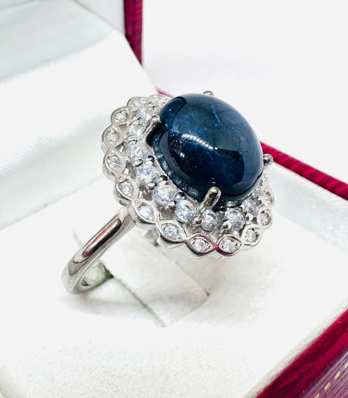 925 Sterling Silver, White Gold Plated Natural Cabochon Sapphire Ring with Swiss Diamonds — Handcrafted 4