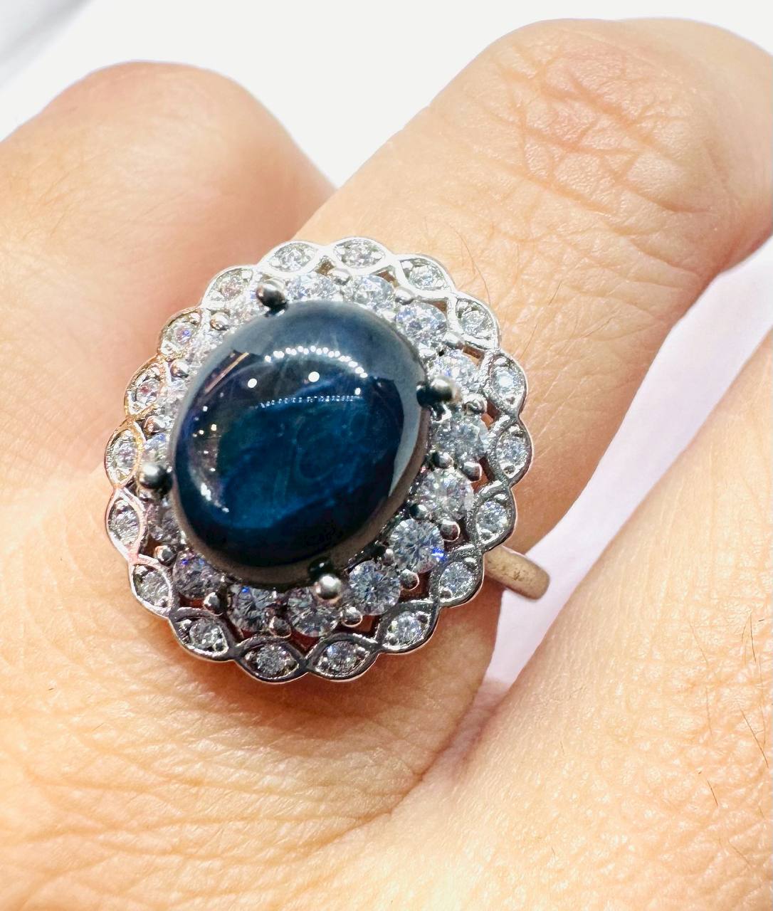 925 Sterling Silver, White Gold Plated Natural Cabochon Sapphire Ring with Swiss Diamonds — Handcrafted 5