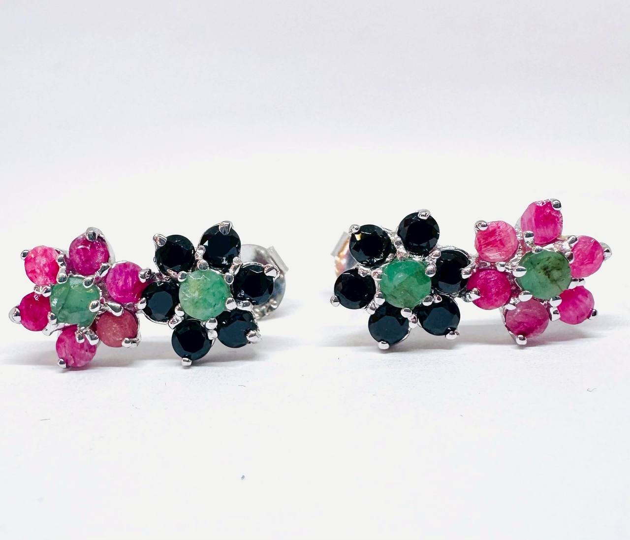 925 Sterling Silver (Stamped), White Gold Plated Natural Ruby Flower Stud Earrings — Handcrafted