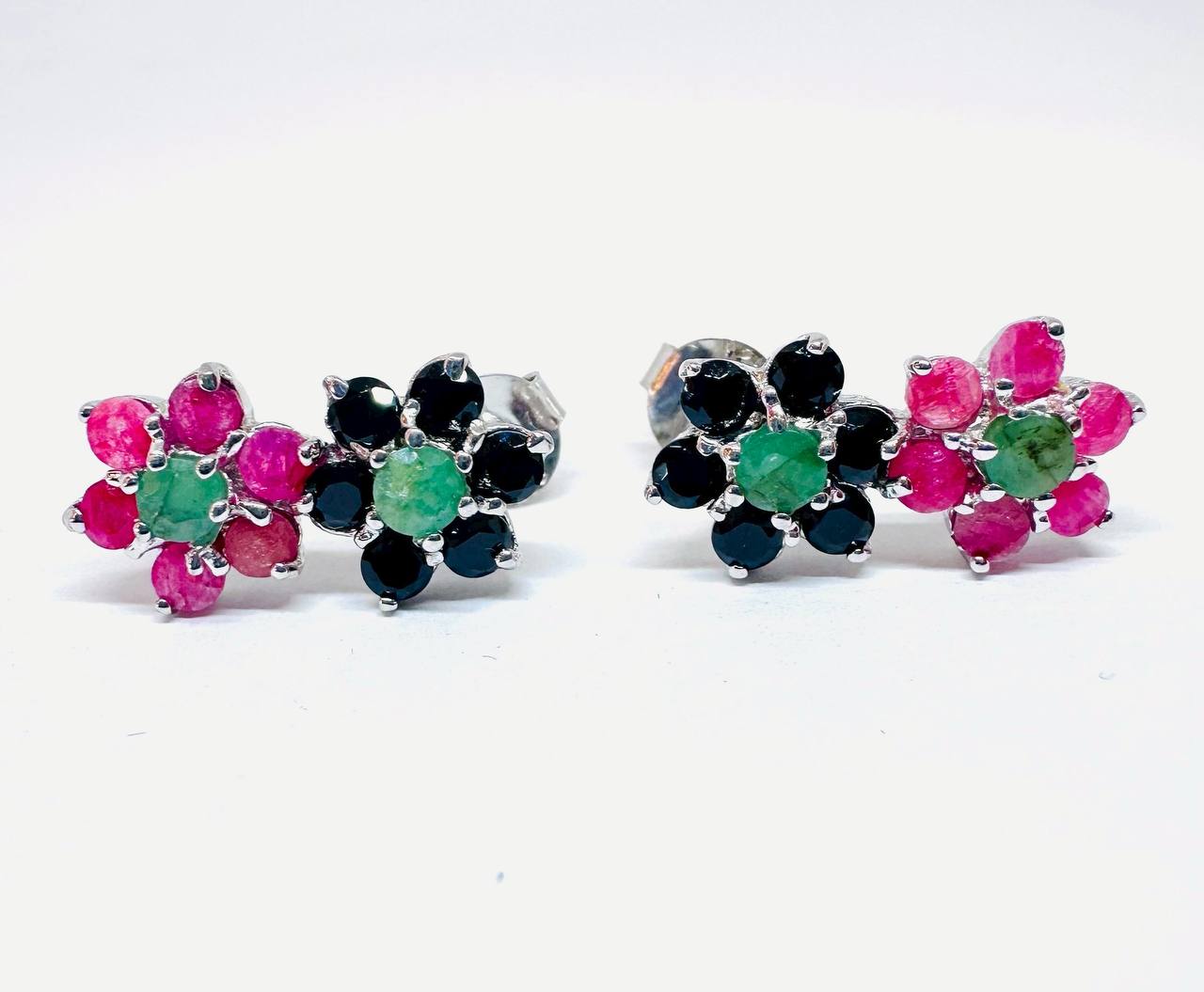 925 Sterling Silver (Stamped), White Gold Plated Natural Ruby Flower Stud Earrings — Handcrafted 2