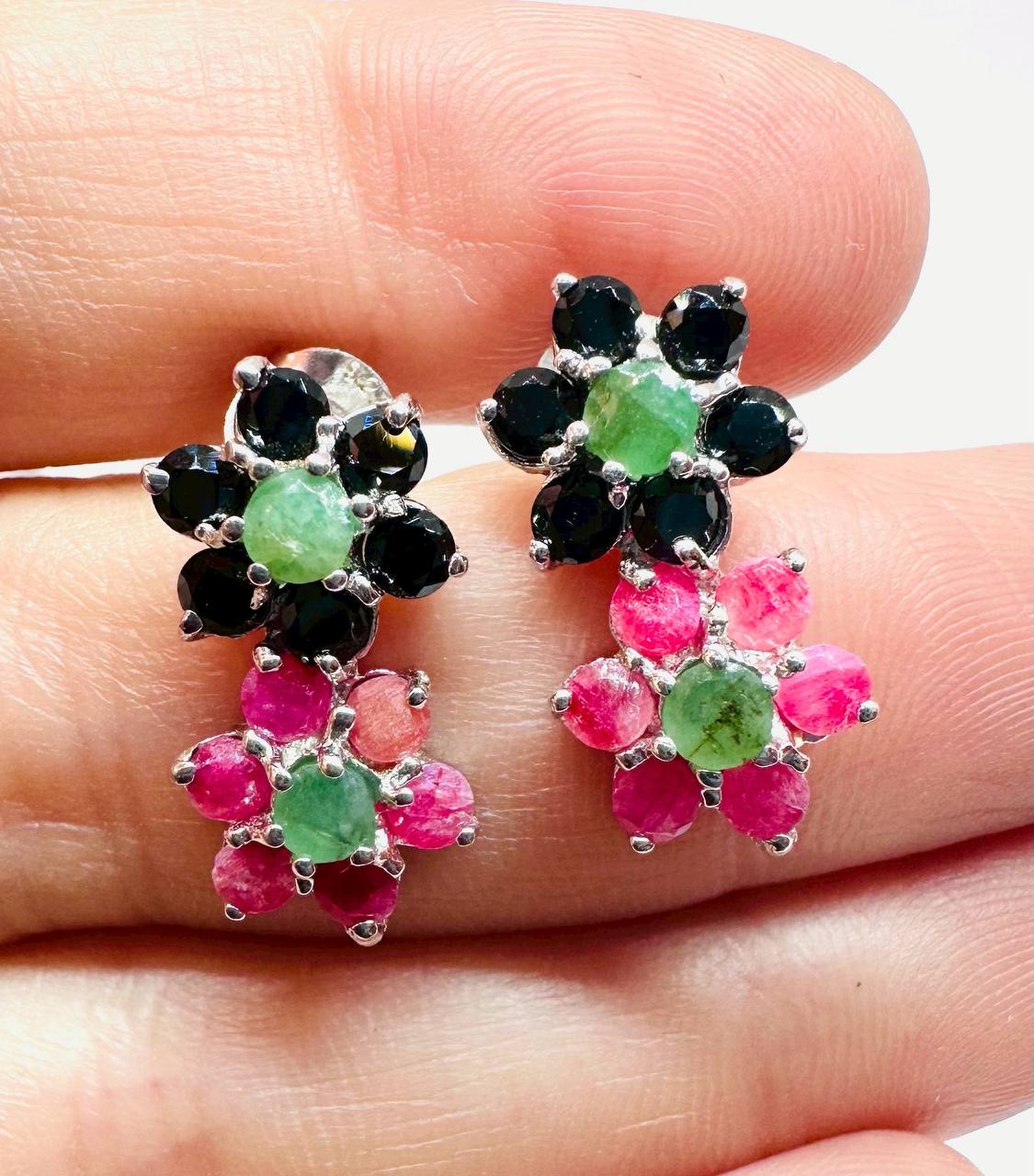 925 Sterling Silver (Stamped), White Gold Plated Natural Ruby Flower Stud Earrings — Handcrafted 3
