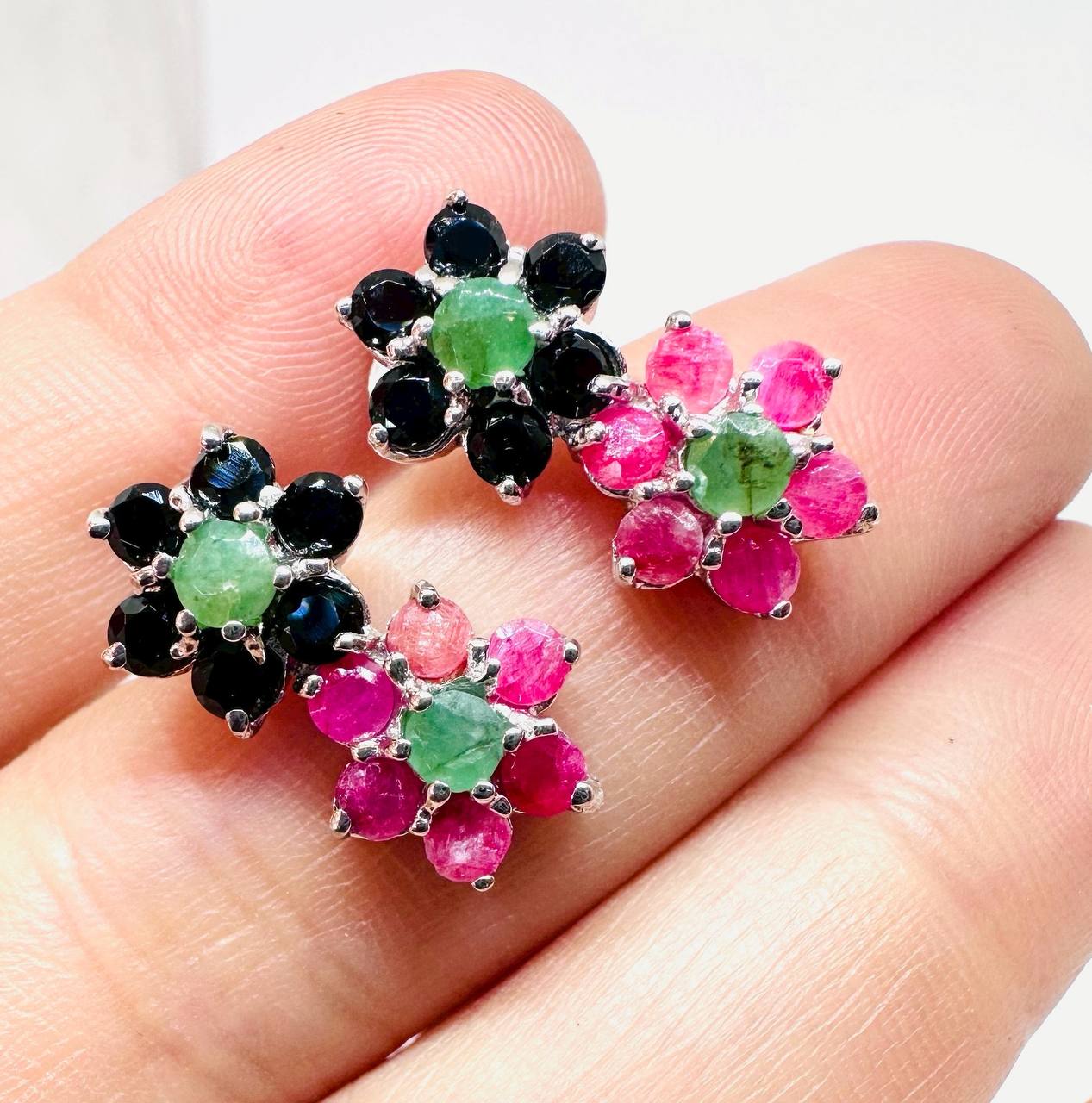 925 Sterling Silver (Stamped), White Gold Plated Natural Ruby Flower Stud Earrings — Handcrafted 4