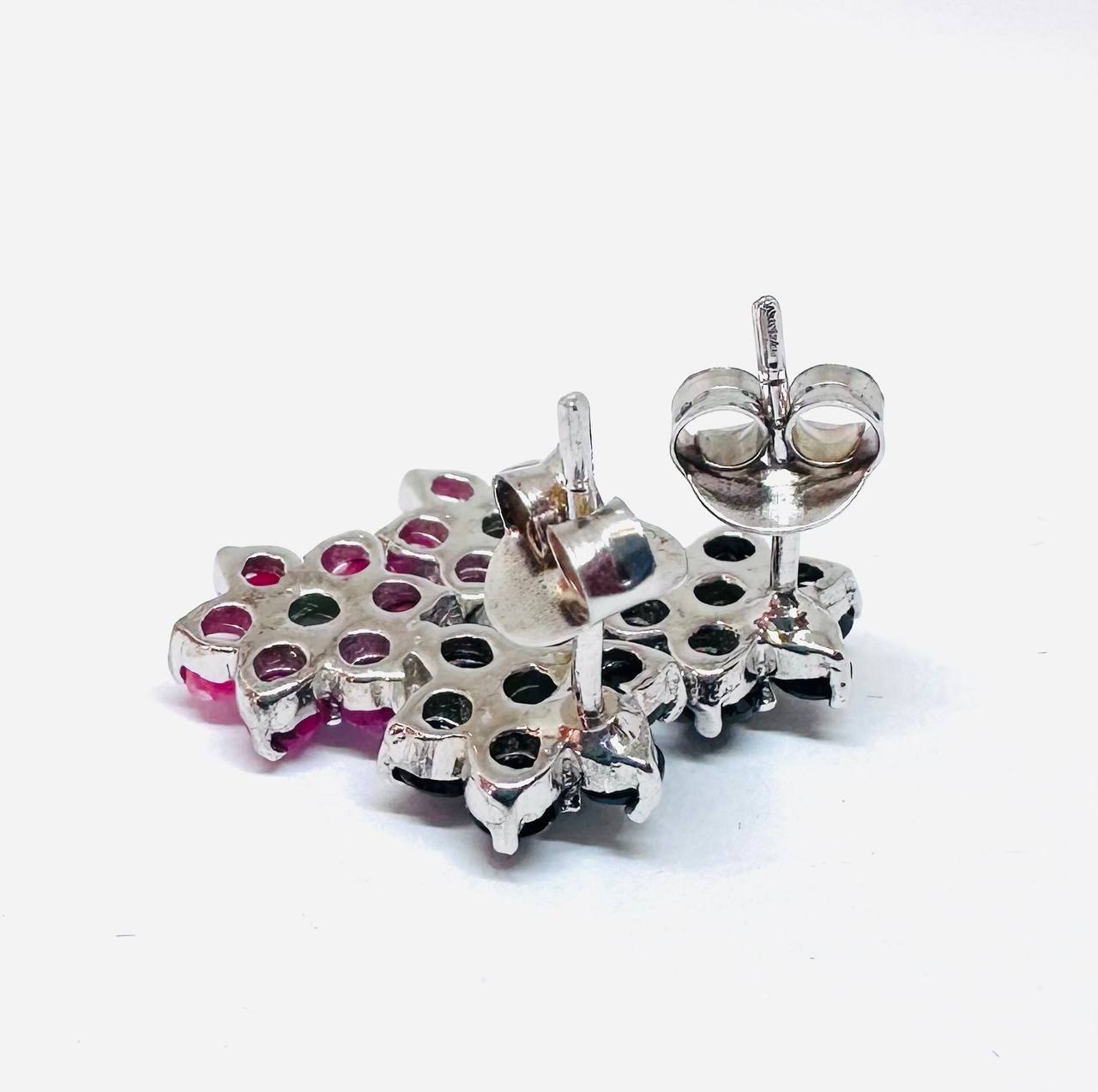 925 Sterling Silver (Stamped), White Gold Plated Natural Ruby Flower Stud Earrings — Handcrafted 5