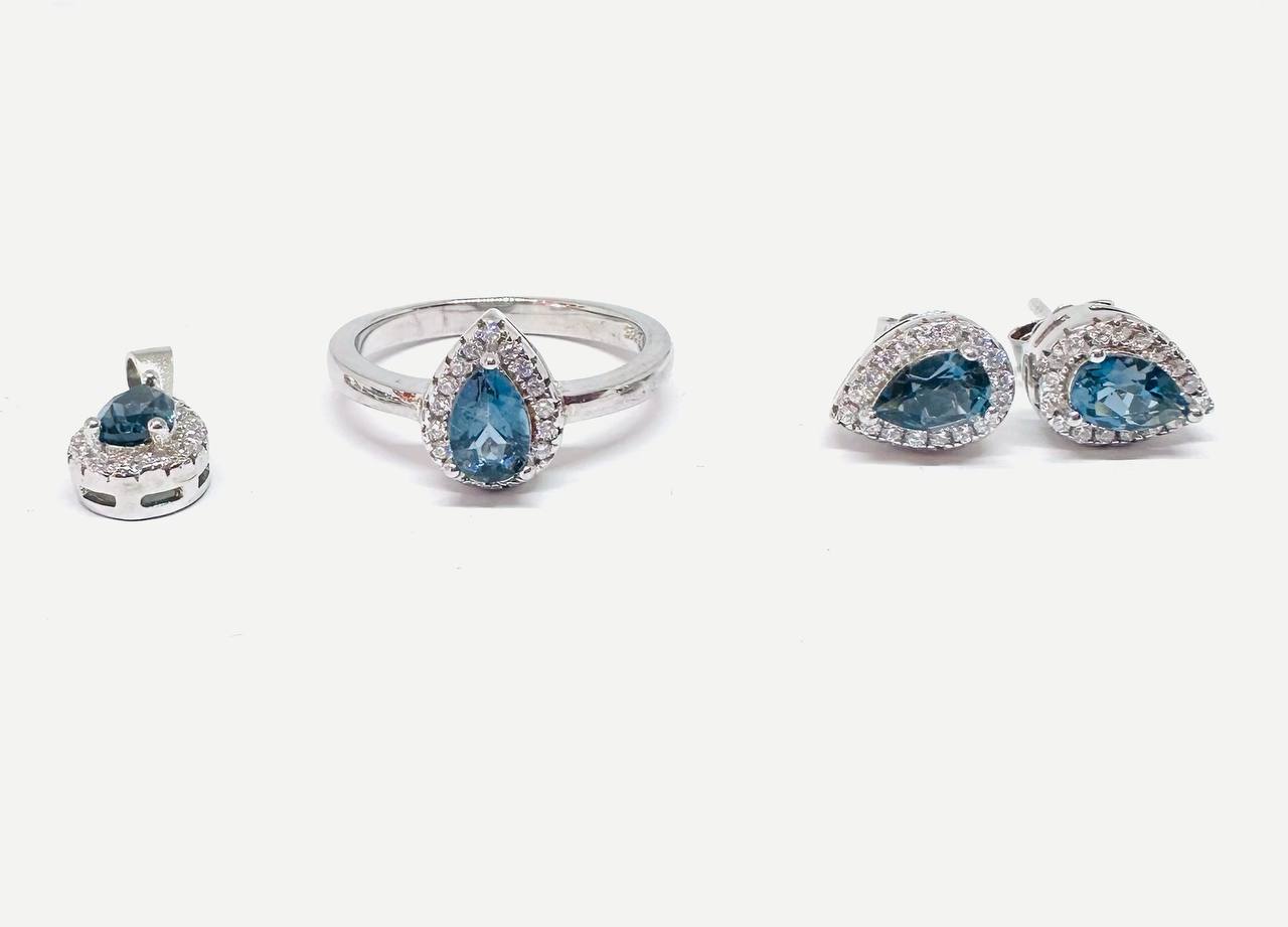 925 Sterling Silver Natural Teardrop Blue London Topaz Jewelry Set (Pendant, Ring, Earrings) with Swiss Diamonds — Handcrafted