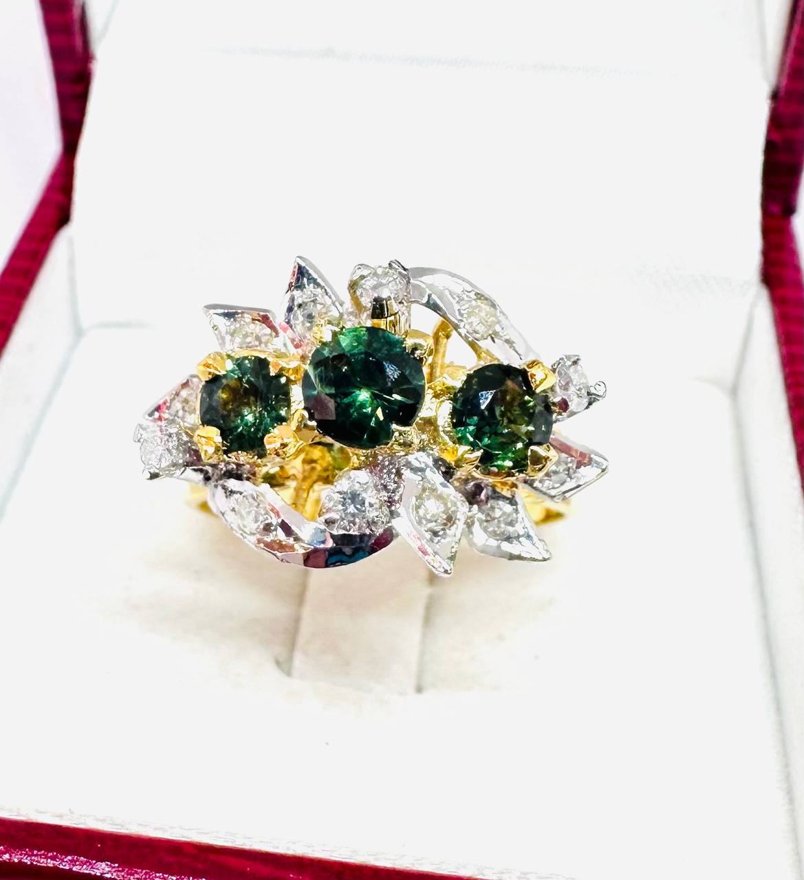 925 Sterling Silver, Traditional Paha Style, Two-Tone Plated Natural Green Stone Raised Setting Ring — Handcrafted