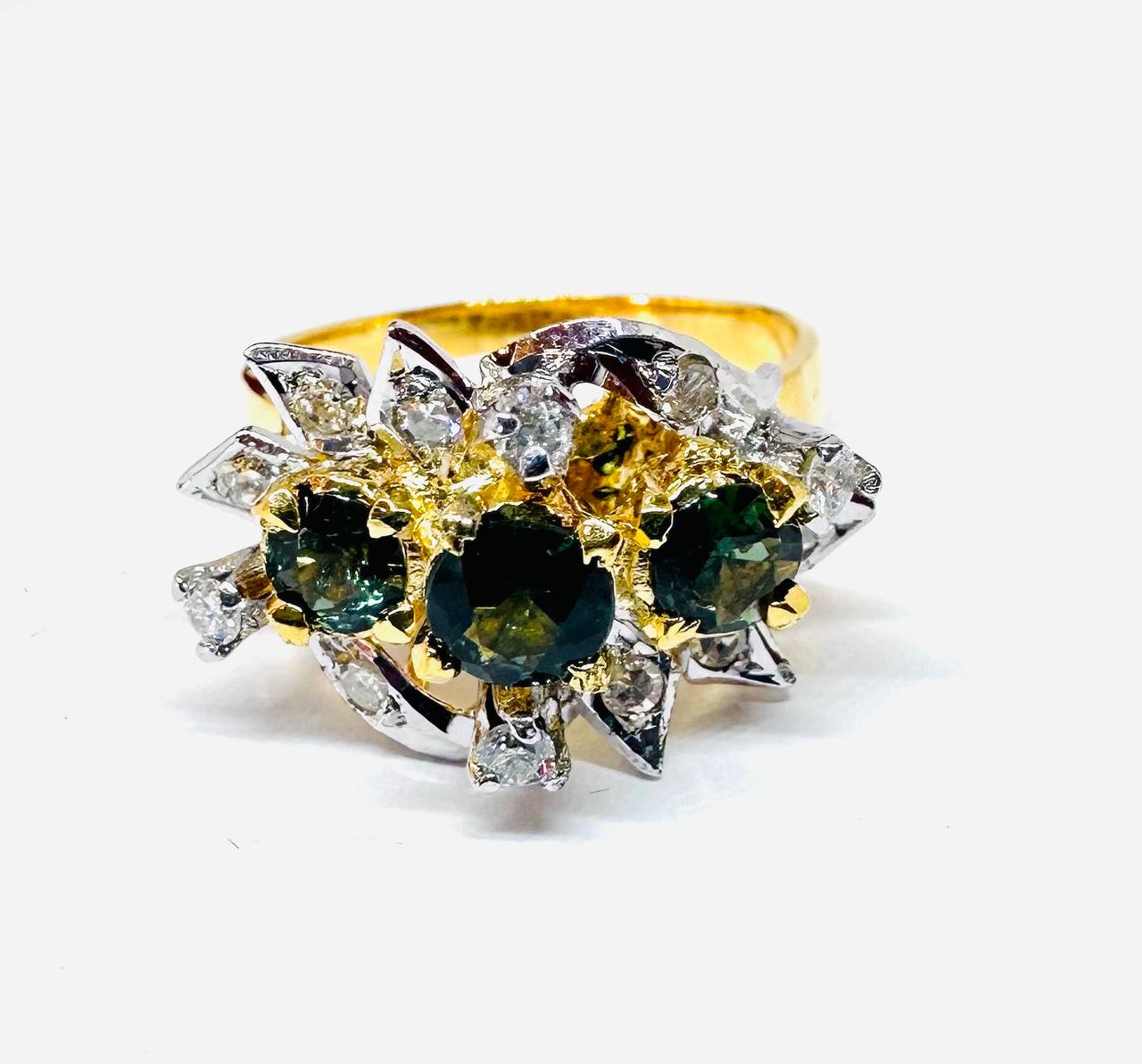 925 Sterling Silver, Traditional Paha Style, Two-Tone Plated Natural Green Stone Raised Setting Ring — Handcrafted 2