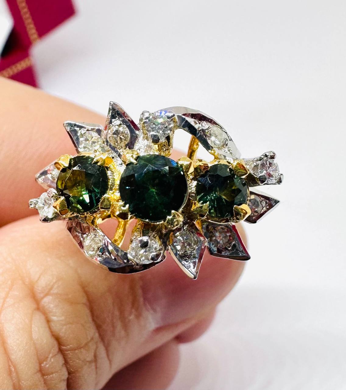 925 Sterling Silver, Traditional Paha Style, Two-Tone Plated Natural Green Stone Raised Setting Ring — Handcrafted 3