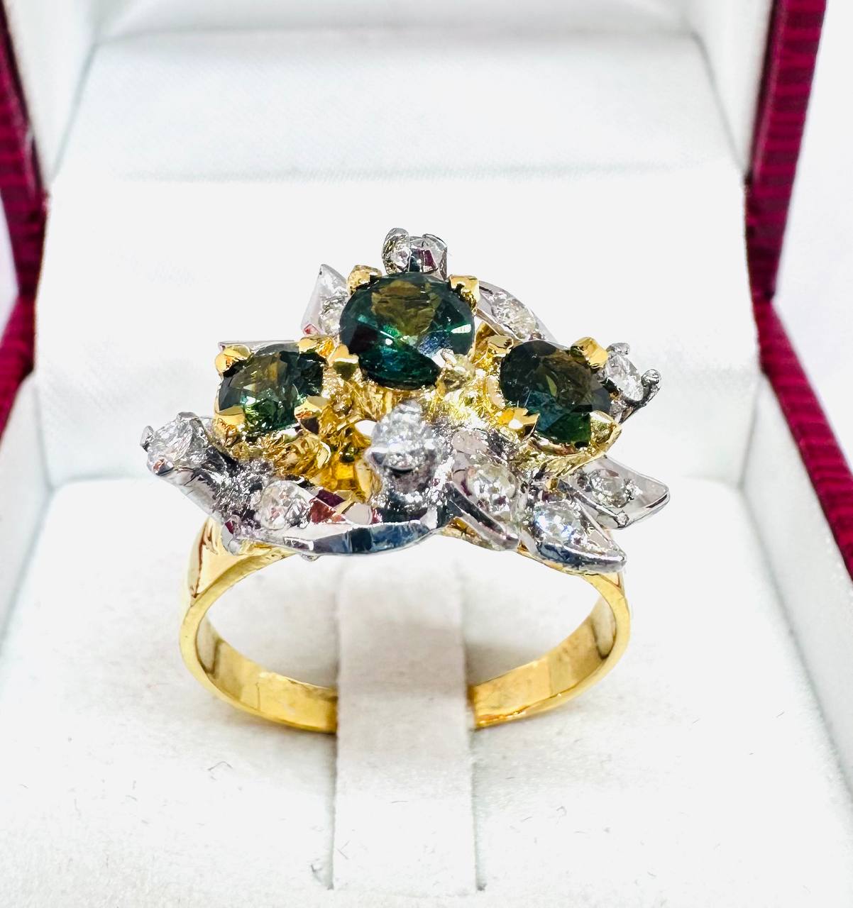 925 Sterling Silver, Traditional Paha Style, Two-Tone Plated Natural Green Stone Raised Setting Ring — Handcrafted 4