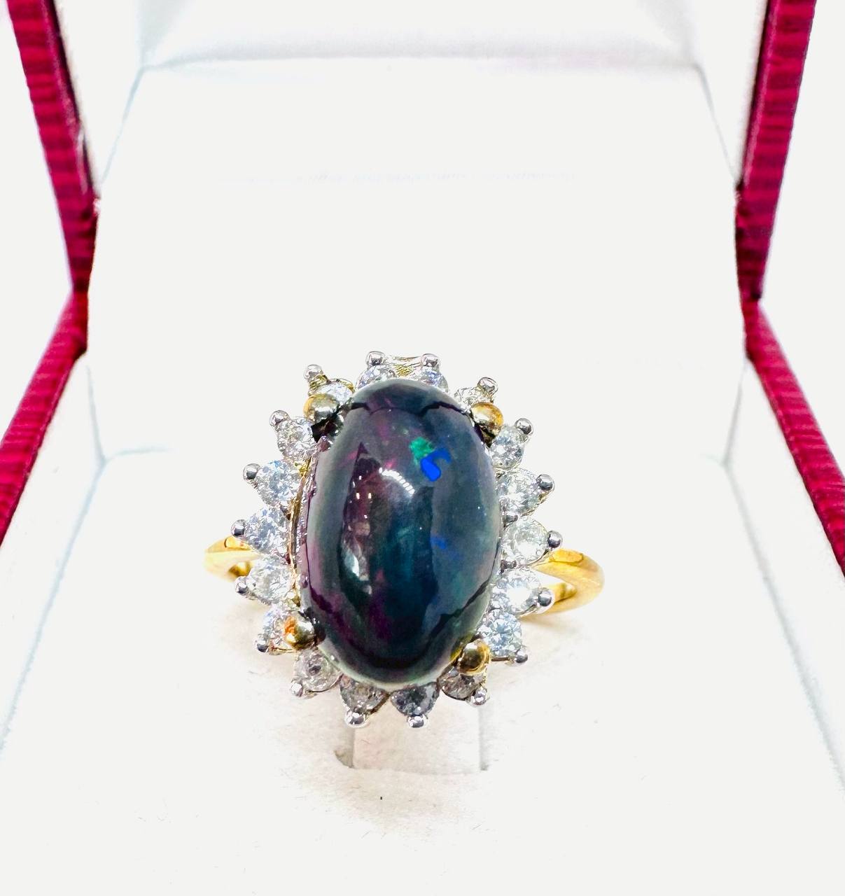 9K Gold Natural Opal Ring with Swiss Diamonds — Handcrafted