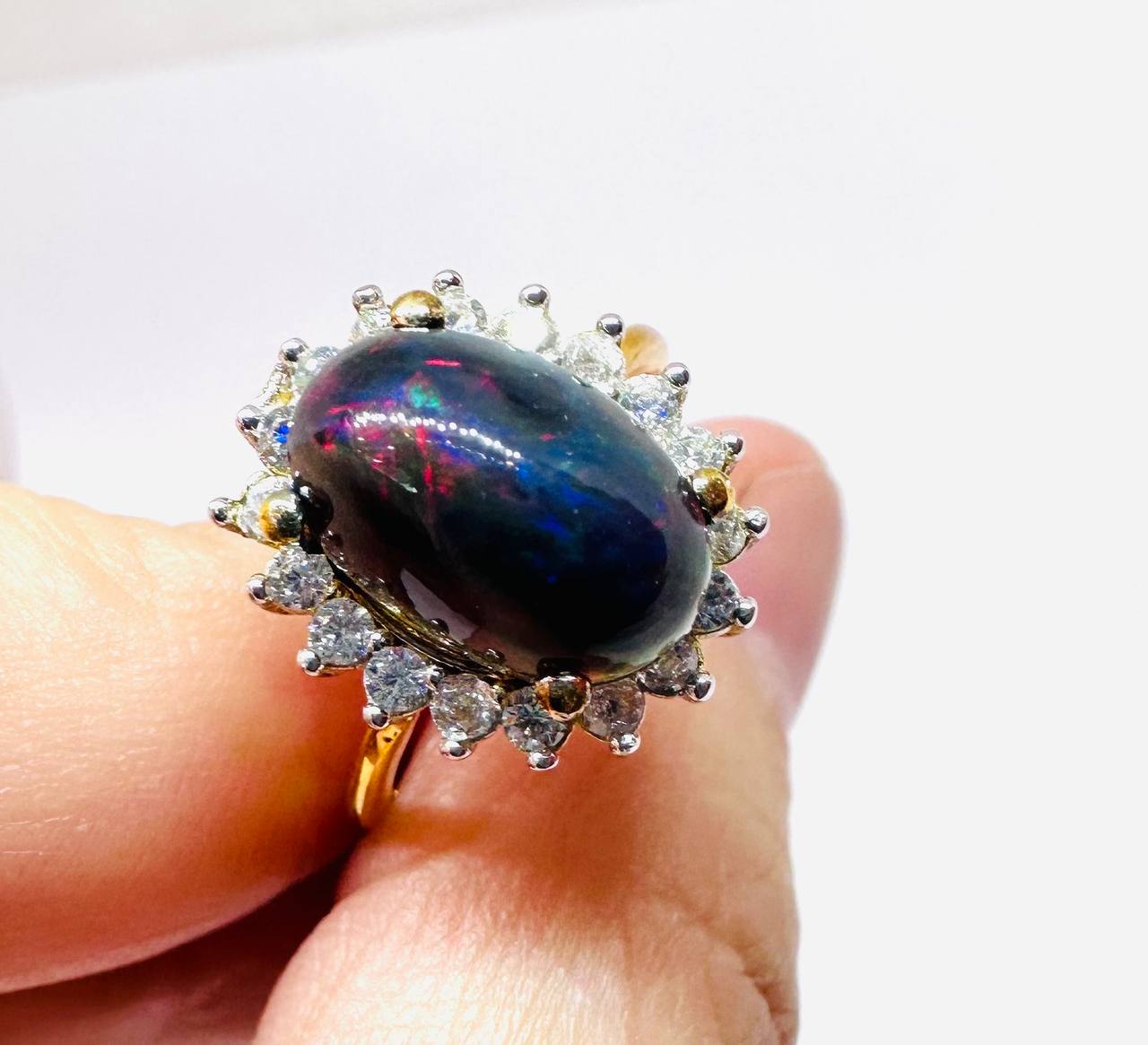 9K Gold Natural Opal Ring with Swiss Diamonds — Handcrafted 2