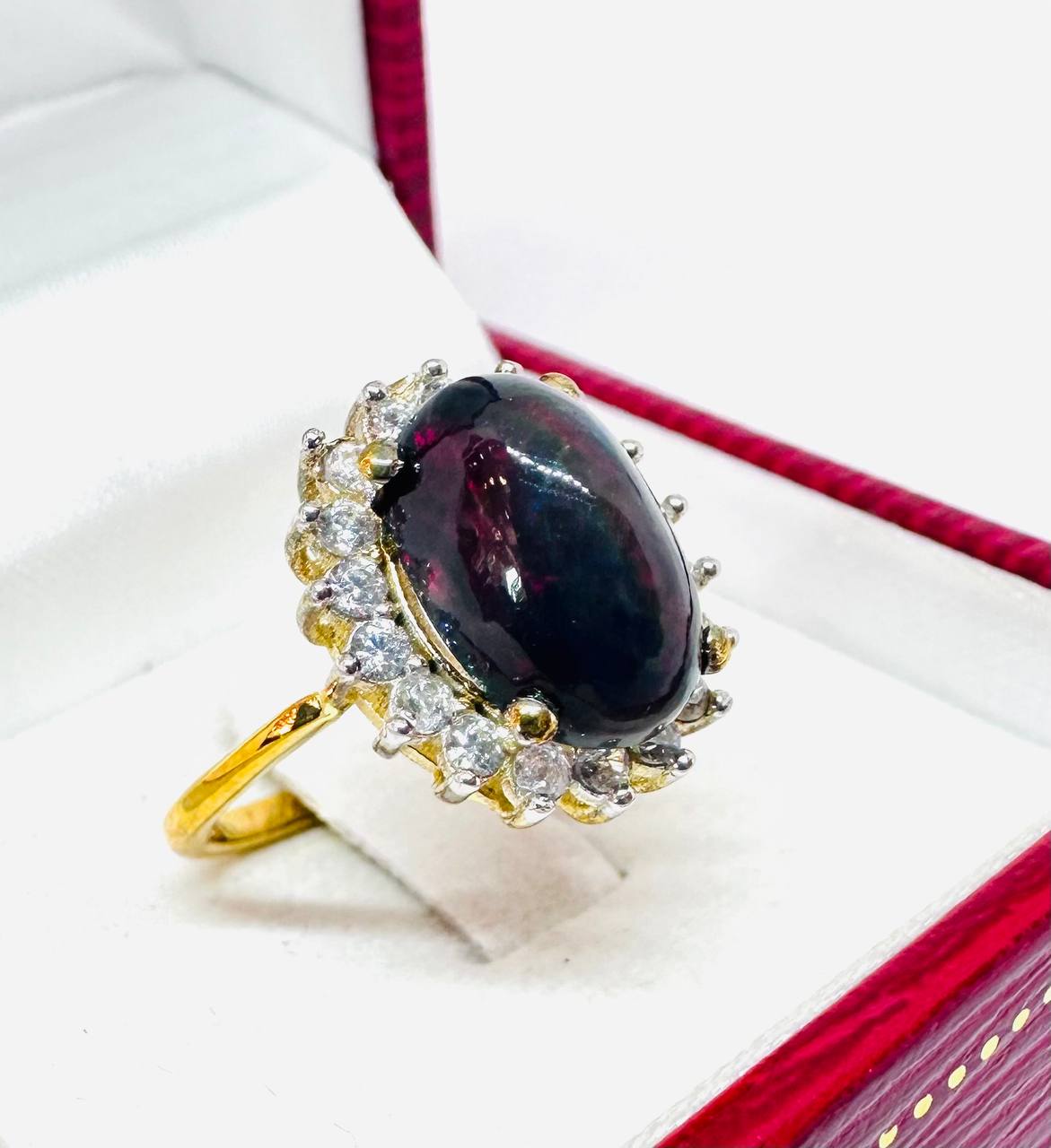 9K Gold Natural Opal Ring with Swiss Diamonds — Handcrafted 3