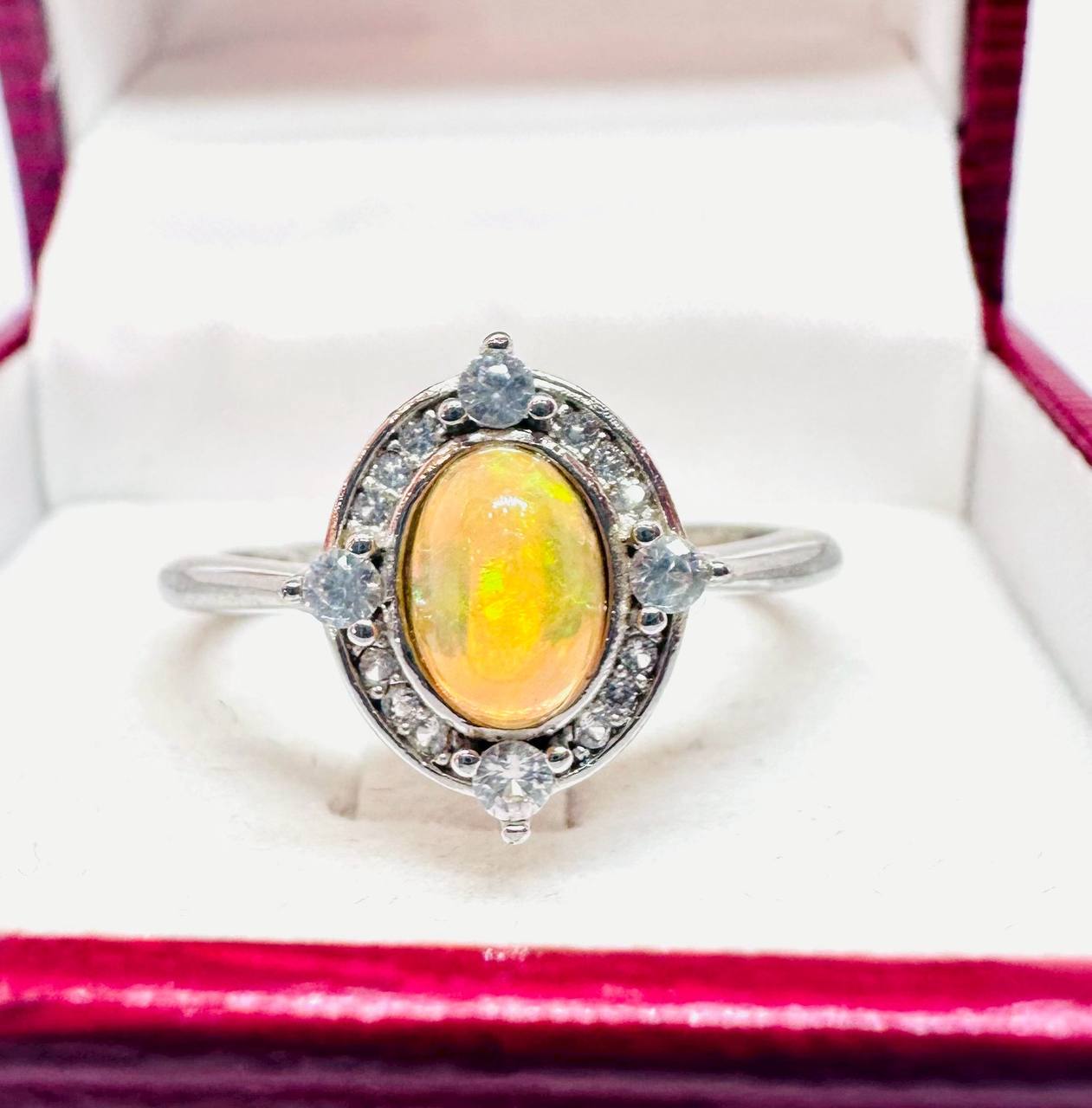 925 Sterling Silver, White Gold Plated Natural Opal Ring with Swiss Diamonds — Handcrafted